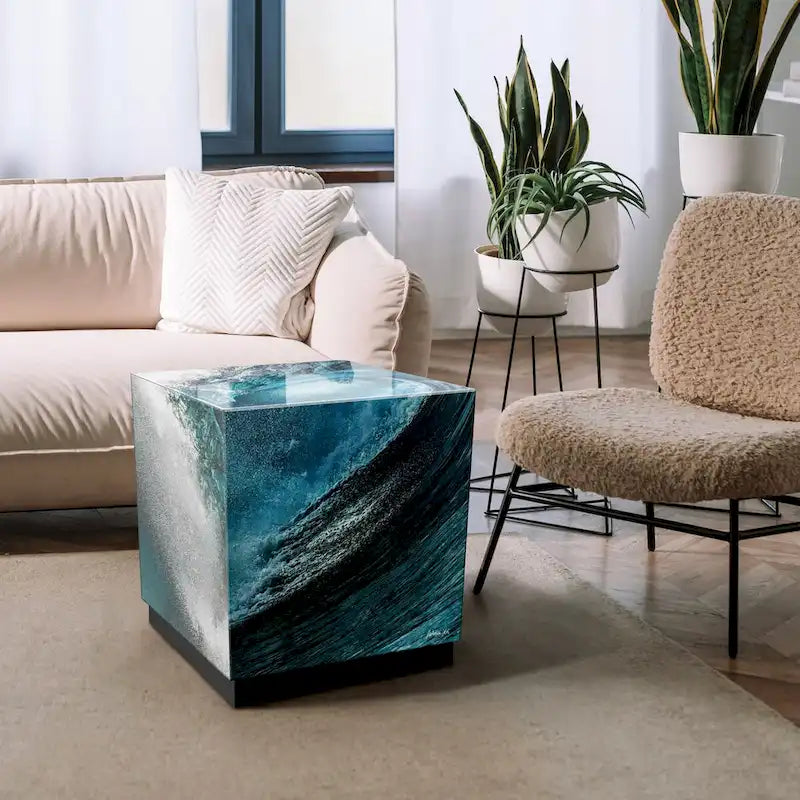 Sapphire Sea Reverse Printed Beveled Art Glass Cocktail Table with Black Plinth Base