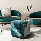 Sapphire Sea Reverse Printed Beveled Art Glass Cocktail Table with Black Plinth Base