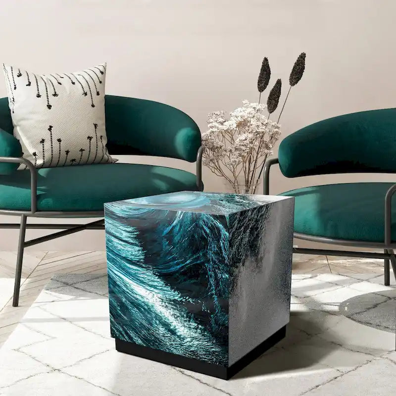 Sapphire Sea Reverse Printed Beveled Art Glass Cocktail Table with Black Plinth Base