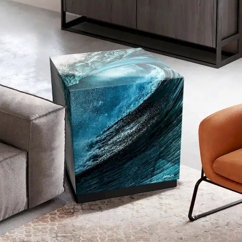 Sapphire Sea Reverse Printed Beveled Art Glass Cocktail Table with Black Plinth Base
