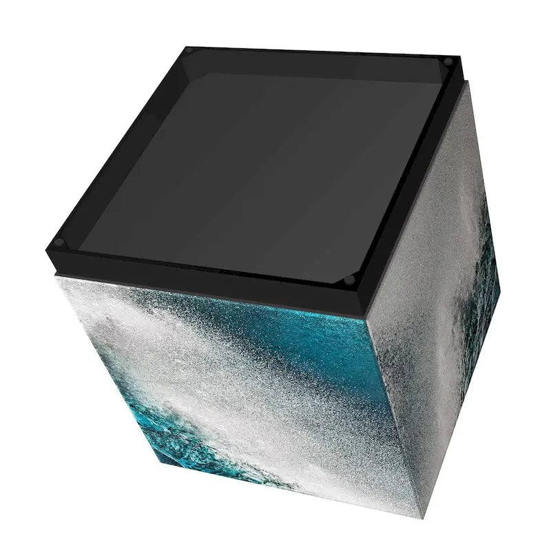 Sapphire Sea Reverse Printed Beveled Art Glass Cocktail Table with Black Plinth Base