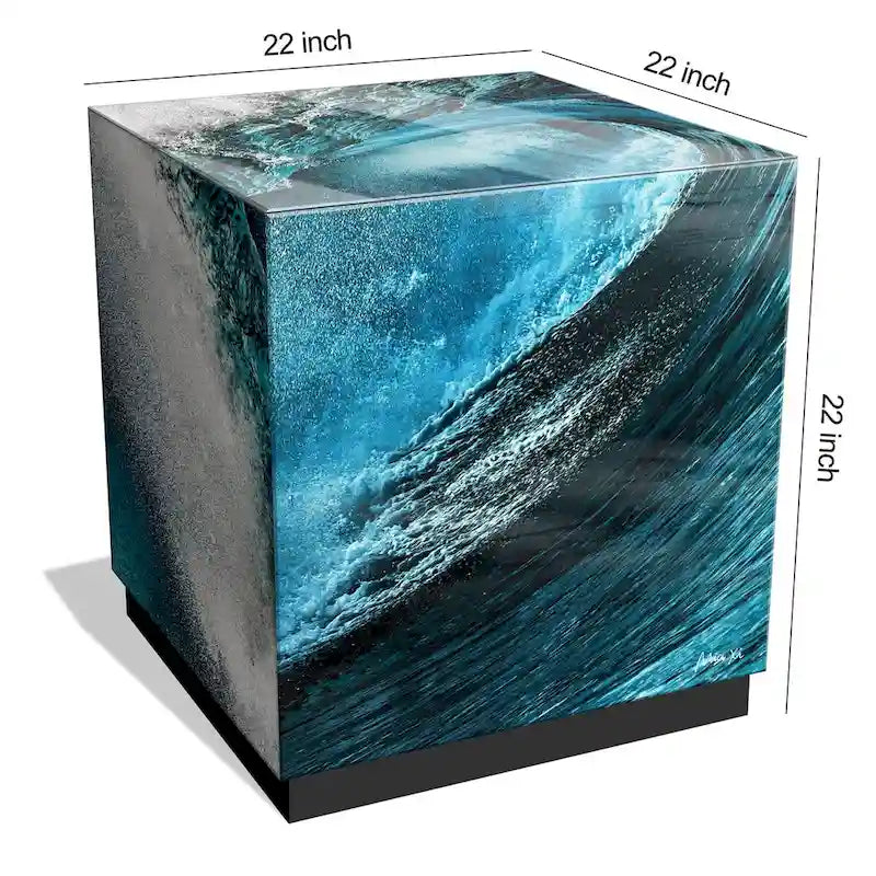 Sapphire Sea Reverse Printed Beveled Art Glass Cocktail Table with Black Plinth Base
