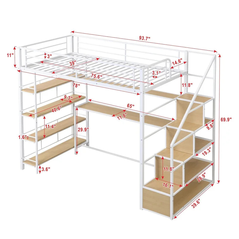 Twin Size Metal Loft Bed with Staircase, Built-in Desk and 4-Tier Shelves, 250 lbs Capacity