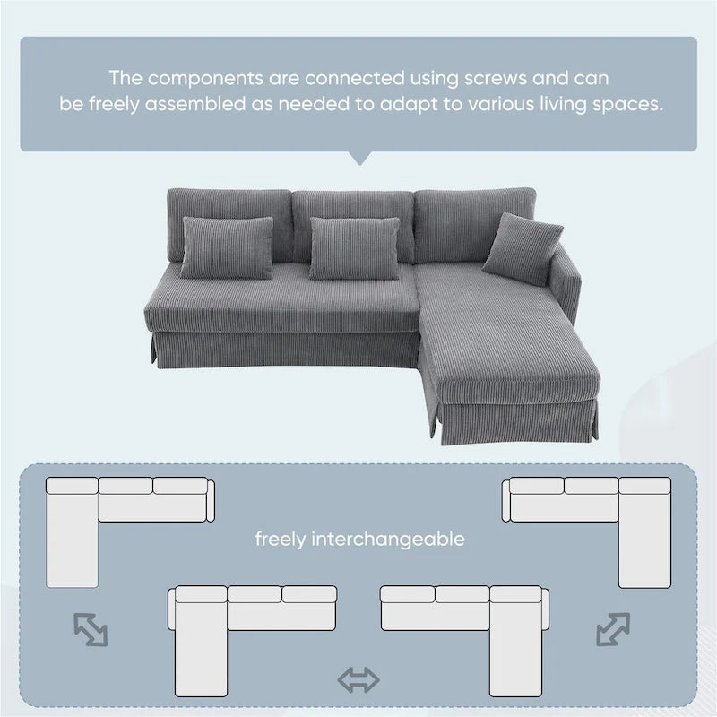 Modern L-Shaped Corduroy Sectional Sofa with Reversible Chaise, 4-Seat Living Room Couch
