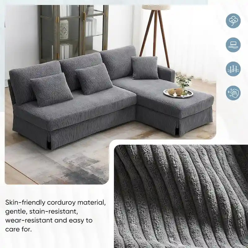 Modern L-Shaped Corduroy Sectional Sofa with Reversible Chaise, 4-Seat Living Room Couch