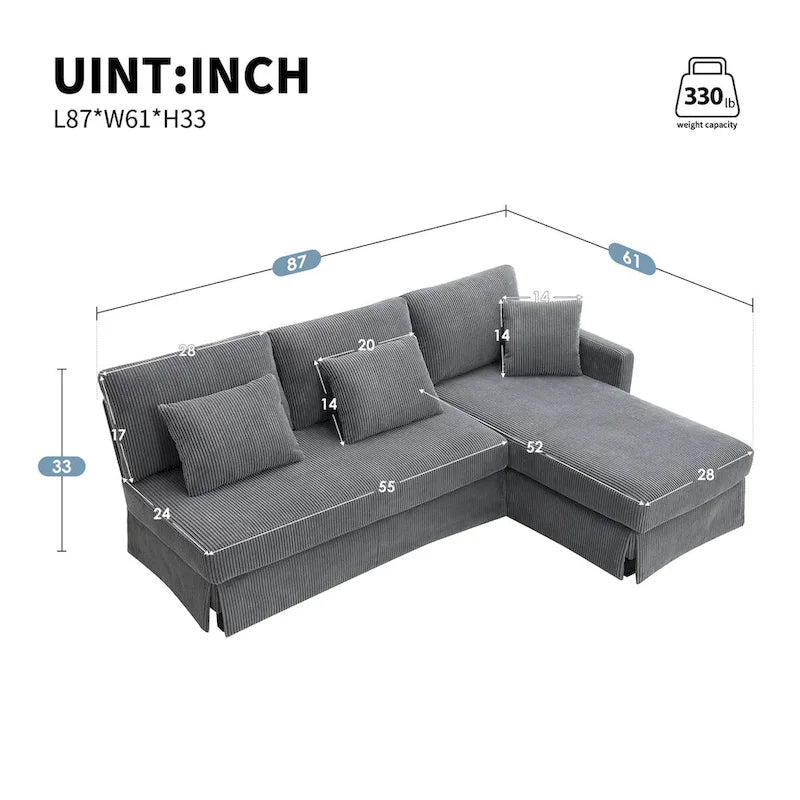 Modern L-Shaped Corduroy Sectional Sofa with Reversible Chaise, 4-Seat Living Room Couch