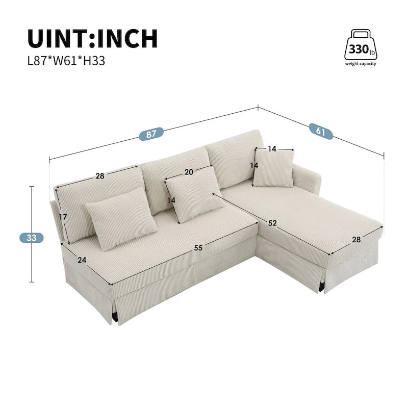 Modern L-Shaped Corduroy Sectional Sofa with Reversible Chaise, 4-Seat Living Room Couch