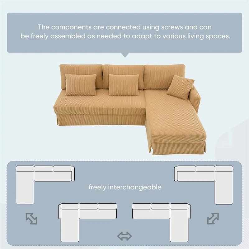 Modern L-Shaped Corduroy Sectional Sofa with Reversible Chaise, 4-Seat Living Room Couch