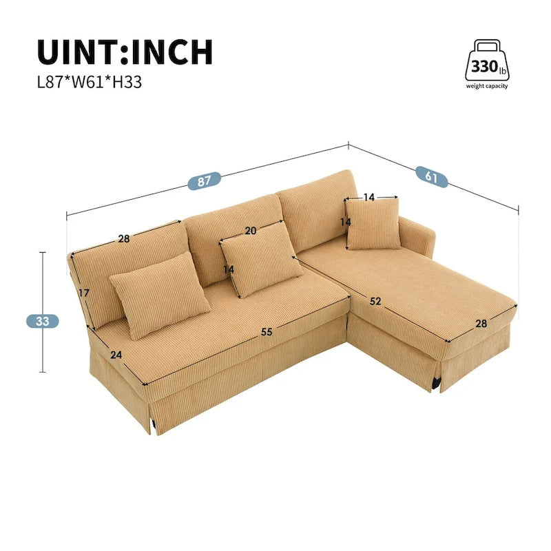 Modern L-Shaped Corduroy Sectional Sofa with Reversible Chaise, 4-Seat Living Room Couch