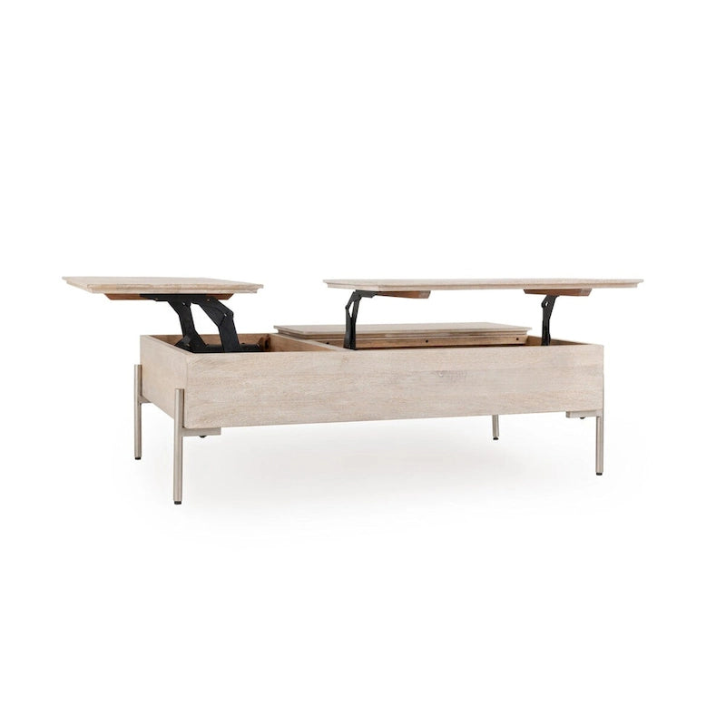 Mango Wood Lift Top Coffee Table in White, Dual Lift Sections for Storage and Desk Use