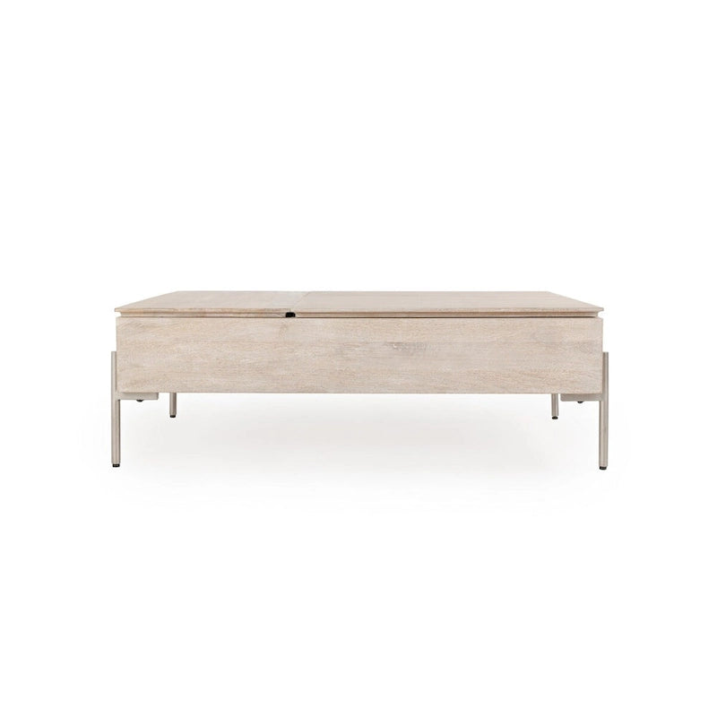 Mango Wood Lift Top Coffee Table in White, Dual Lift Sections for Storage and Desk Use