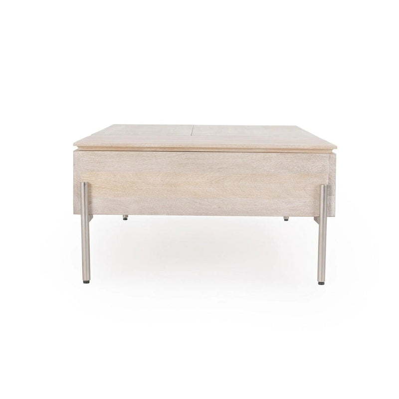 Mango Wood Lift Top Coffee Table in White, Dual Lift Sections for Storage and Desk Use