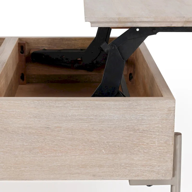 Mango Wood Lift Top Coffee Table in White, Dual Lift Sections for Storage and Desk Use